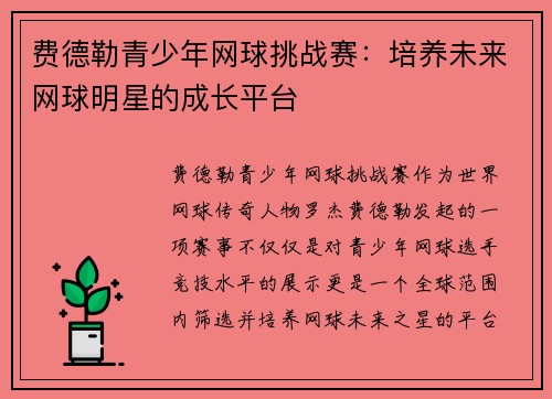 费德勒青少年网球挑战赛:培养未来网球明星的成长平台 费德勒青少年网球挑战赛:培养未来网球明星的成长平台