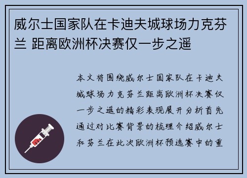 威尔士国家队在卡迪夫城球场力克芬兰 距离欧洲杯决赛仅一步之遥