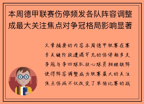 本周德甲联赛伤停频发各队阵容调整成最大关注焦点对争冠格局影响显著